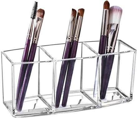 Make Up Organizer, Makeup Pinsel Organizer Becher Acryl Transparent Kosmetik Aufbewahrung mit 3 Fächern Make-up Halter für Pinsel Wimperntusche Eyeliner Augenbrauenstift
