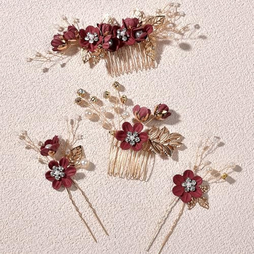 4 PCS Flower Bridal Hair Pins Pearl Rhinestone Hairpins U-shaped Flower Hairpin Rose Gold Rhinestone Headpiece Hairpin Side Hair Accessorie for Brides Bridesmaids Women Girls