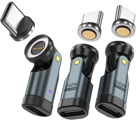 VISAGLOR PD 240W USB C Magnet Adapter, 9 Pin Magnet Ladekabel C Adapter(3 Pack), 540° Drehung Magnetischs ladekabel, USB C 90 Grad adapters Für 1Phone16/15 Series, Ma-Book Pro/1Pad Pro, Type C Gerät