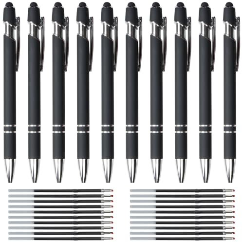 Hengxinchen Kugelschreiber Hochwertig,10 Stk Super Haltbar Druckkugelschreibe mit 20 Stk Nachfüllungen, Kugelschreiber Set Schwarz,2 in 1 Ergonomische Kugelschreiber mit Touchpen für Büro und Haushalt