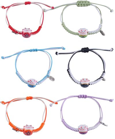 LEEQBCR 6 PCS Bracelet Chat Porte Bonheur Japonais Mignon Chat Bracelet en Perles en Céramique Bracelet Porte Bonheur avec Cloche Réglable