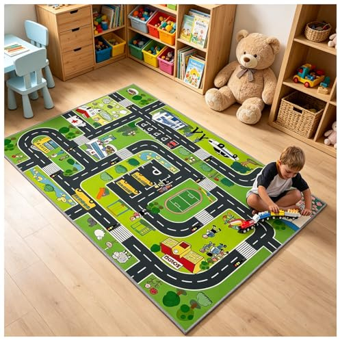 CLAILEIRS Spielteppich 80×120cm Teppich mit Straßen- Grün Augenfreundlich | Waschbarer Rutschfester Kurzflor Kinderteppich