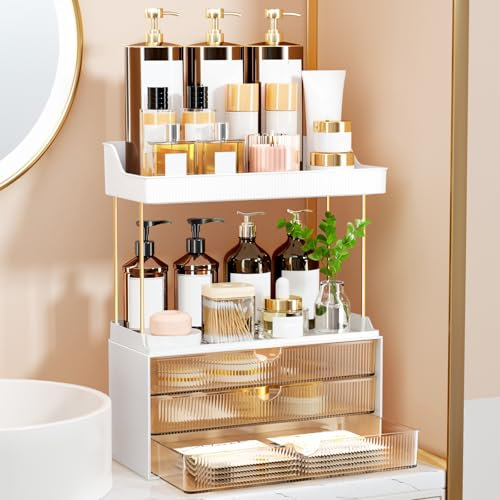 OrderlyGo Makeup Organiser - Upgrade 2 Tier 3 Drawers Large Vanity Organisers, Versatile Cosmetic Storage, Exquisite Bathroom & Skincare, Dressing Table Organiser, Amber