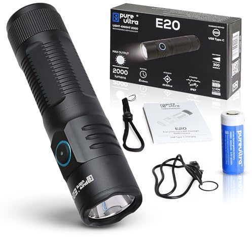 pureultra E20 LED Taschenlampe – 2000 Lumen, 300m Reichweite, USB-C Aufladung, IP67 Wasserdicht, 26650 Akku – Kompakte EDC Lampe für Outdoor, Camping & Notfälle