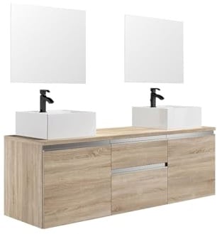Vente-unique - Hängeschrank Badschrank mit Doppelwaschbecken und Spiegel - hell natur - 150 cm - Jimena II