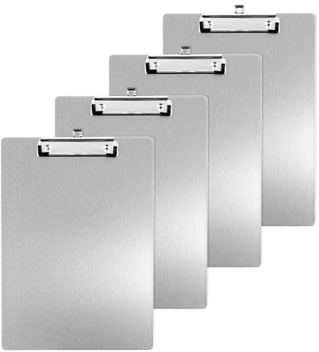 APACALI 4 Stück Alu Klemmbrett A4 mit gummierter Metalklemme für Büro | Schreibbrett A4 mit Aufhängeose, Pad Halter Clipboard, Aluminum Schreibplatte für Arbeit Klassenzimmer Business Restaurant