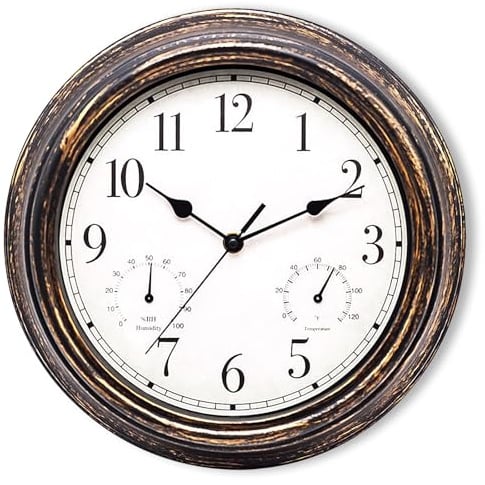 Horloge Murale Exterieure Etanche, 30 cm Horloges de Jardin Etanches avec Thermomètre et Hygromètre, Horloge De Jardin, Horloges D'extérieur Etanche pour Balcon, Salle de Bain, Cuisine