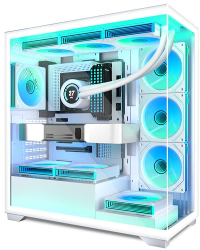 ANSAITE Mid-Tower PC Case - 7 × Pre-Installed 120mm PWM ARGB Fans,Panoramic Tempered Glass Computer Case with Type-C,360mm Radiator Support,Fits up to 10x 120mm Fans,White