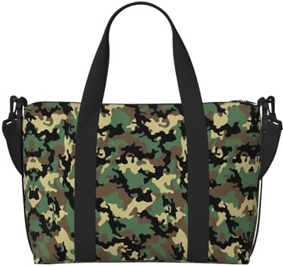 Reisetasche mit Camouflage-Muster, kann als Umhängetasche oder Schulter getragen werden, geeignet für Reisen und Camping.