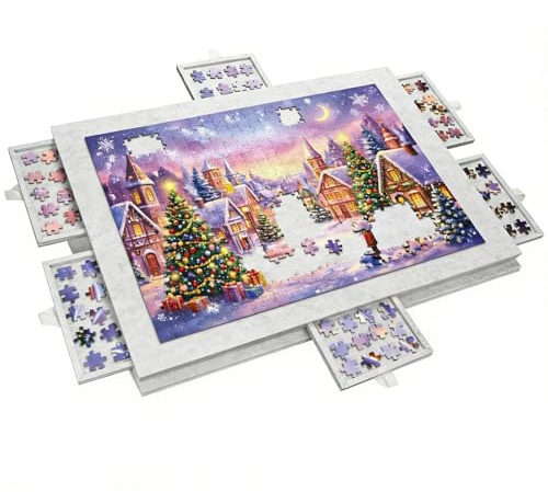 OJTOJT Filz Puzzlebrett Mit 6 Schubladen mit 2-in-1-Ständer und Abdeckung, Faltbarer Puzzletisch für Erwachsene, Tragbare Puzzlebrett für Puzzle bis 1000(Modell mit Schubladen Weiß)
