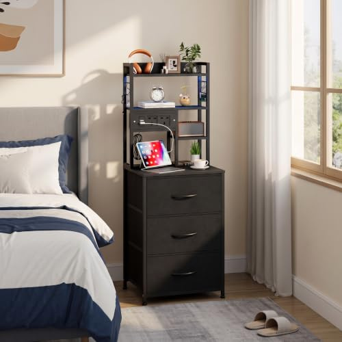 Tall Bedside Table w/Charging Station&LED Lights,Bed Side Table for Bedroom | LED Nightstand w/Outlets&USB Ports,Tall Bedside Cabinet with 3 Fabric Storage Drawers&Open Shelves,Sofa Table,for Living Room