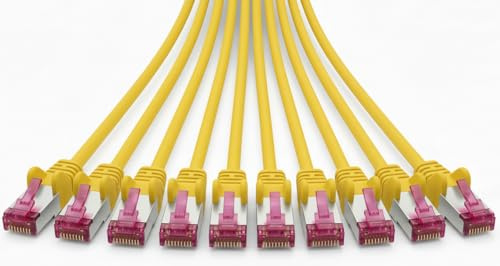 AmzNet Cable de red CAT 6a de 0,25 m, amarillo, 10 unidades, RJ45, cable LAN S/FTP PiMF, certificado GHMT, 10 Gbps, 500 MHz, cable de cobre para router, conmutador, Smart TV, PC y red
