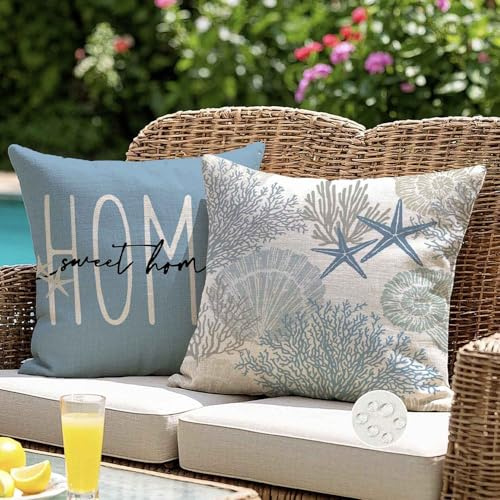 Kissenbezug 50x50 Outdoor Kissen Wetterfest Blau Seestern Muschel Koralle Dekokissen Outdoorkissen Kissenbezüge Kissenhülle Gartenkissen Balkon Sofakissen Draußen für Garten Couch Wohnzimmer 2er Set