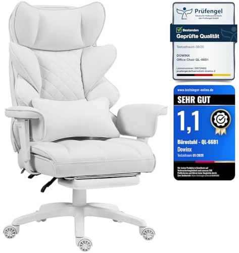 Dowinx Gaming Stuhl, Bürostuhl Ergonomisch mit Taschenfeder-Kissen, Chefsessel mit Doppellagige weiche Rückenlehne und verstellbare Lendenkissen, Armlehnen und Fußstütze, Textil-Weiß
