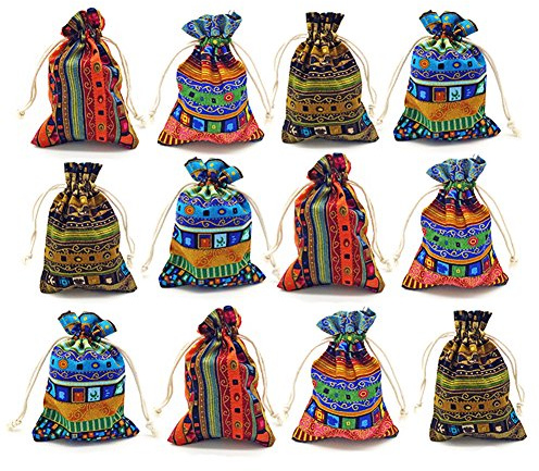12pc Egyptian Style Jewelry Coin Pouches Aztec Print Drawstring Gift Bag