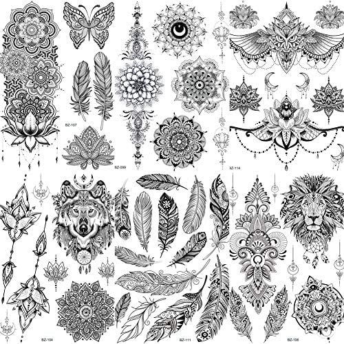 COKTAK 6 Blätter Groß Einzigartige Schwarz Temporäre Tattoos Damen Frauen, Tattoos Zum Aufkleben Klebetattoos Erwachsene Mädchen, Sexy Feder Mandala Blume Lotus Tattoos Vorlagen Festival Accessoires