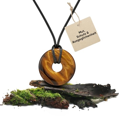 PURAJA Tigerauge Anhänger aus echtem Edelstein | Heilstein Kette mit Donut Anhänger inkl. hochwertigem Kordband