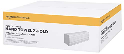 AmazonCommercial Essuie-Mains en Papier Plié Z, 2 Epaisseurs Cellulose Pure, 4000 Feuilles (20 paquets de 200), Taille des Feuilles: 24 x 20,3 cm, Compatible Distributeur H2