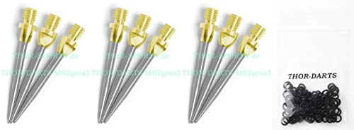 THOR-DARTS 3-6-9-12 Stahlspitzen für Steeldart Gold-Silber Steeldartspitzen + Gummiringe + Flights Marken - Metallspitzen (+100 Schwarze Gummiringe, 3 Set (9 Stück) MS2 Gold-Silber)