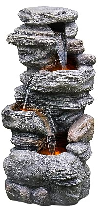 Teamson Home 39.37 in. Outdoor Faux Stacked Stone 4-Tier Water Fountain with LED Lights and Pump, Gray
