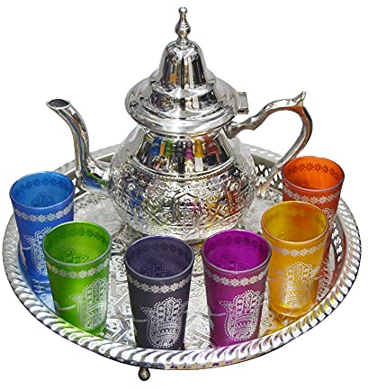 Ensemble de thé marocain complet. Théière 800 ml plateau 32 cm 6 verres typiques en verre