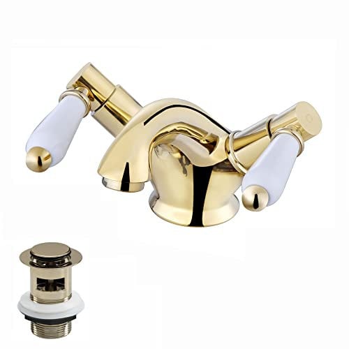 ENKI, Downton, BBT0237 Basin Mixer Tap with White Ceramic Levers Slotted Waste English Gold