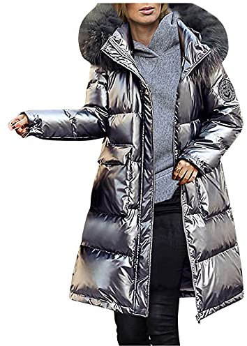 Manteau en duvet pour femme - Longue veste d'hiver - Doudoune avec fourrure - Chaud - Parka d'hiver épaisse - Casual - Veste d'extérieur avec capuche, Argent (Silver), XL