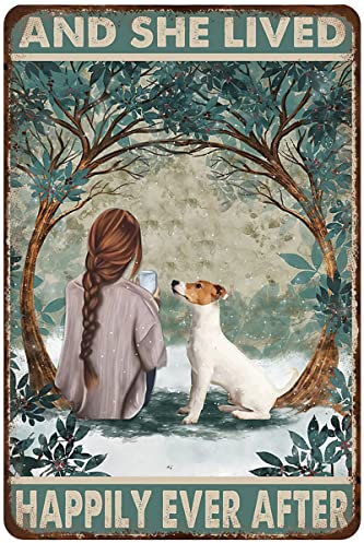 LINQWkk Rustikales Retro-Metall-Blechschild, Mädchen und Jack Russell Hund und sie leben glücklich immer danach, Vintage-Garten, dekoratives Schild, Bauernhaus, Landhaus, Heimdekoration, 20,3 x 30,5