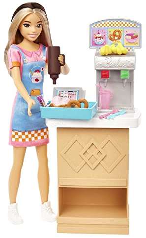 Barbie HKD79 - Spielset mit Skipper-Puppe und Snackbar mit Tresen, Farbwechsel-Eisbecher und 8 weiteren Zubehörteilen, Puppen Spielzeug ab 3 Jahren