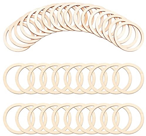 NBEADS 50 Pcs 7.35cm Anneaux Pièces de Bois Non Finies, Ornements de Cercle Anneaux de Liaison en Bois Tranches de Bois blanc pour Peinture Pyrogravure Décor Noël, 6 cm Diamètre Intérieur