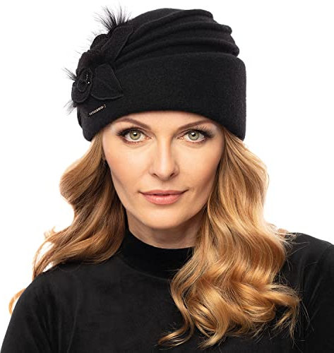 VIVISENCE Damen Winter Toque Aus Wolle Handgefertigte Herbst Warme Mütze Mit Blumenapplikation Für Frauen Perlen Perfekter Passform Ideal Für Kalte Wintertage Modell 7058, Schwarz,Einheitsgröße