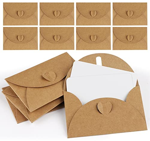 Mocraft 25 Mini Briefumschläge mit 25 Karten Vintage Kraftpapier Umschläge mit Herzverschluss für Geldgeschenke, Dankeskarten, Einladungen, DIY Geschenkkarten
