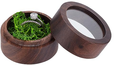 FINGERINSPIRE Runde Ringbox Aus Holz Mit Durchsichtigem Fenster Und Kunststoff Moosimitat Innen 4.9x3.5 cm Schmuck Ringbox Ring Geschenkbox Für Heiratsantrag Verlobung Hochzeit Valentinstag