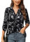 Amrto Casual Bluse Damen, V-Ausschnitt Geblümt 3/4 Ärmel Longbluse mit Revers Hemdkragen Floral Bedruckte Casual Langarmshirt Oberteil, Schwarz XL