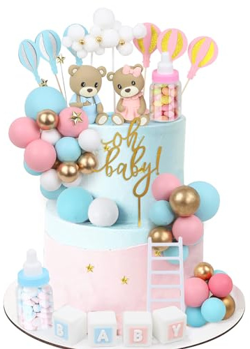 Acmee 47 PCS Bear Cake Toppers - Mini 3D Bear BABY Letters Milk Bottle Blue Pink Gold Foam Balls Cake Toppers for Gender Reveal Baby Shower Party Cake Decorations