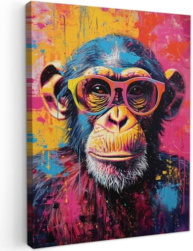 MuchoWow© Impression sur Toile Decoration Murale Peinture 50x70 cm Tableaux Decoratifs Muraux Déco Chambre Tableau Salon Graffiti - Chimpanzé - Singe - Lunettes - Coloré - Banksy