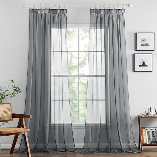 MIULEE Gardinen Vorhänge mit Kräuselband Vorhang Transparente Gardine aus Einfarbig Transparent Sheer Voile Wohnzimmer Luftig Dekoschal für Schlafzimmer 2er Set 245 x 140cm (H x B) Dunkelgrau
