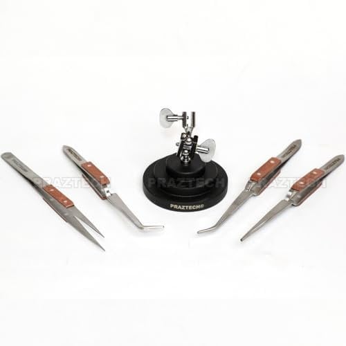PRAZTECH® Heat Insulated Set of 4 Soldering Tweezer with 3rd Hand Base Vice | Angled and Straight | Self Locking | Watch | Jewelers | Hand Free Cross Lock Set