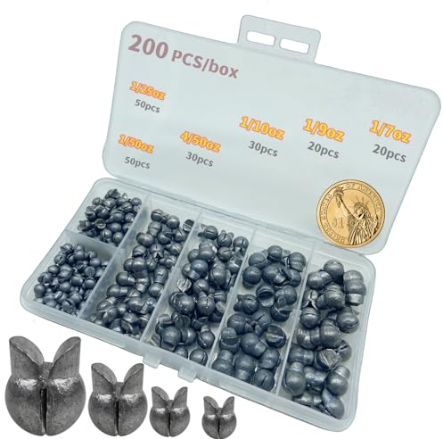 DAMIDEL 200Pcs/Box Big Size Removable Split Shot Fishing Sinkers(1/7oz,1/9oz,1/10oz,4/50oz,1/25oz,1/50oz Mixed),Adjust Open Mouth Design Fishing Weights Clip for Freshwater Saltwater