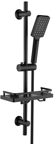 Görbach Conjunto de Ducha de Acero inoxidable con Estante de Ducha, Barra de Ducha de 70cm, Columna Ducha sin Grifo con Soporte para Cabezal de Ducha y Manguera para Baño, Rectangular, Negro mate