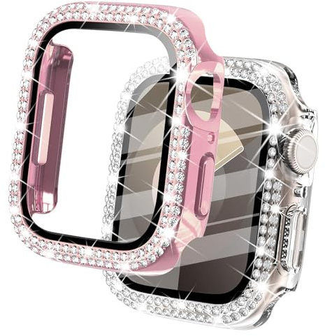 DEALELE [Paquete de 2 fundas de vidrio templado compatibles con Apple Watch Series 9/8/7 (1.61 pulgadas), funda protectora de doble fila de diamantes con protector de pantalla (41 mm, rosa y