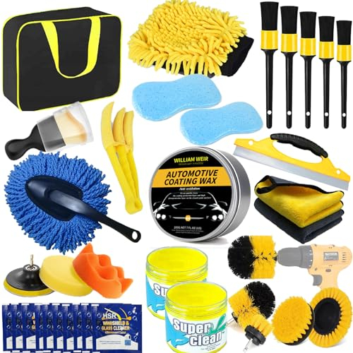 zycBernoi 35 Pcs Car Cleaning Wash Kit, Car Cleaning Supplies, Car Cleaning Accessories with Car Wax, Professional Car Detailing Brush, Auto Detailing Drill Brush Set, Perfect for Cars and Bikes