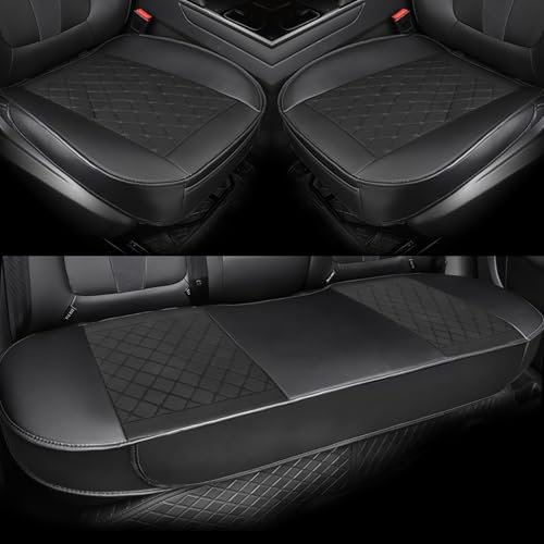 Car Seat Cover 3pc PU Leather, Include 2 pack Front Car Seat Cover and 1 pack Rear Bench Cover, Edge Full Wrapping, Seat Protector for Seat Bottom with Storage Pocket, Anti-Slip ,Universal, Black
