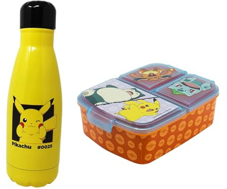 Theonoi Brotdose Set Kinder Lunchbox Sandwichbox mit Unterteilung/Fächern und Trinkflasche Wasserflasche (Pokemon G)