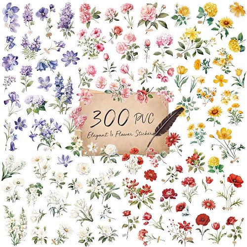 300 Stück PVC Blumenaufkleber, selbstklebende PVC Natur Blumenaufkleber für Scrapbooking, Laptop, Journal, DIY Projekte, Frühlingsfest Dekoration