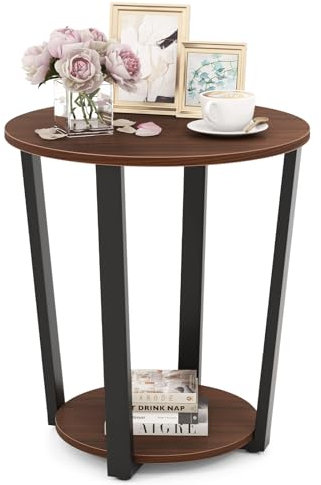 COSTWAY Table d'Appoint Ronde, Bout de Canapé 2 Niveaux en Bois, Cadre en Métal, Petite Table Basse pour Salon, Balcon, Chambre, Bureau, Industriel (Noyer)
