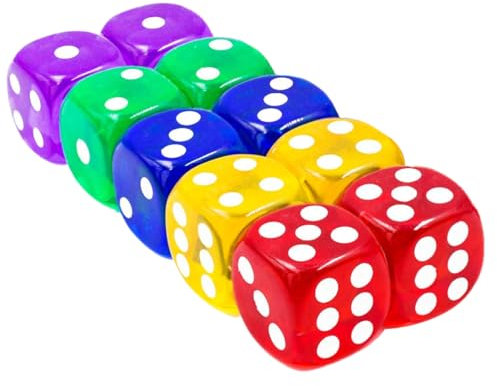 10 dadi trasparenti da 12 mm, dadi da gioco, dadi a 6 facce, utilizzati per giochi da tavolo, insegnamento della matematica (5 colori)
