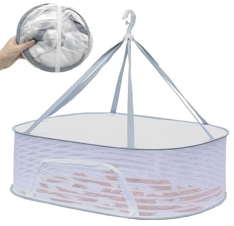 DHER Reti di asciugatura chiuse Rete da Appender Rete Asciugatrice Appesa, con Ganci Girevoli a 360 Gradi, Gabbia Asciugatrice Pieghevole da 70*50cm per Asciugare Fiori,Pesci,Carne,Frutta (Bianco 1)