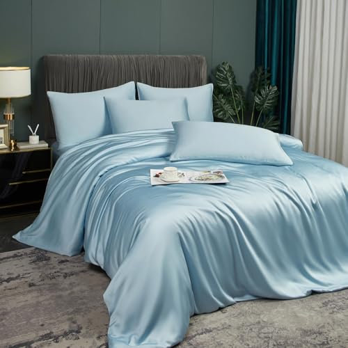 Luofanfei Parure de lit 220x240 Bleu Adulte 2 Personnes Unie Bambou Polyester Housse de Couette Lisse Soyeux Brillant Ensemble Literie avec Fermeture éclair et 2X 65x65cm Taies d'oreiller