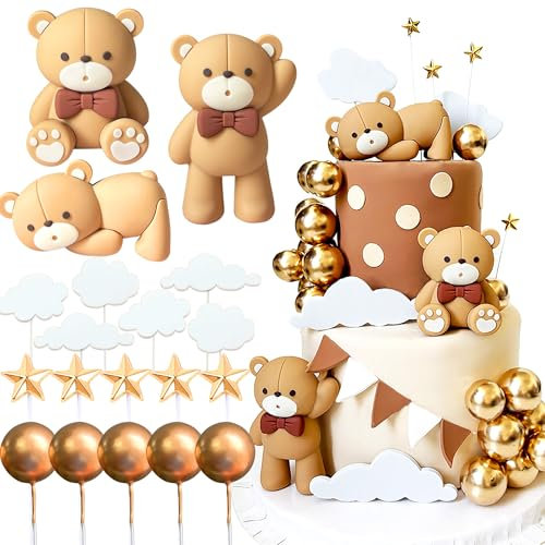 JeVenis Luxury Brown Bear Cake Decoration Beige Brown Balls Cake Topper Boho Bears Cake Decoration Baby Shower Birthday Cake Decorations